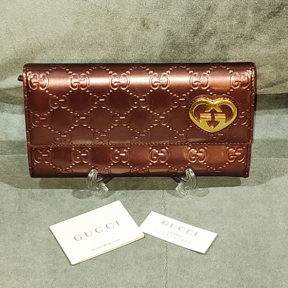 GUCCI SHINE GUCCISSIMA LOVELY HEART PLUM PATENT LEATHER CONTINENTAL LONG WALLET - Picture 3 of 17